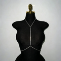 Y-shape rhinestone body chain necklace with waist wrap for women - full outfit view | Veloria