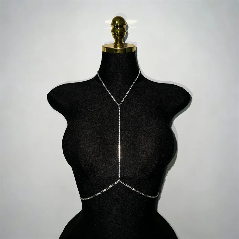 Y-shape rhinestone body chain necklace with waist wrap for women - full outfit view | Veloria