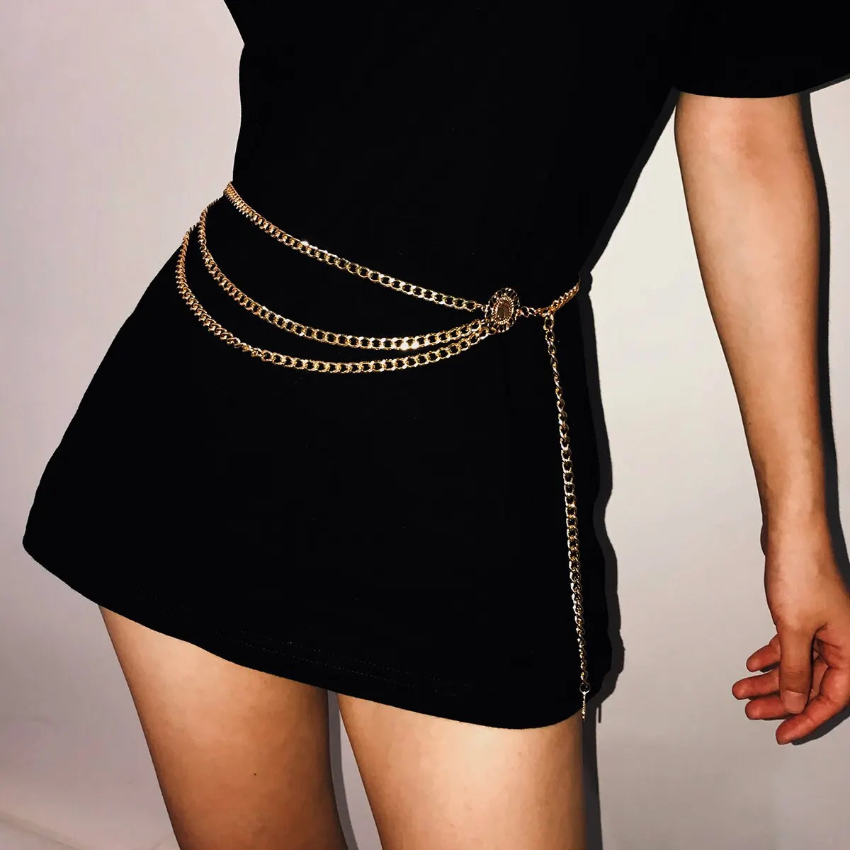 Boho sunflower coin tassel waist belly chain for women - side view on model | Veloria