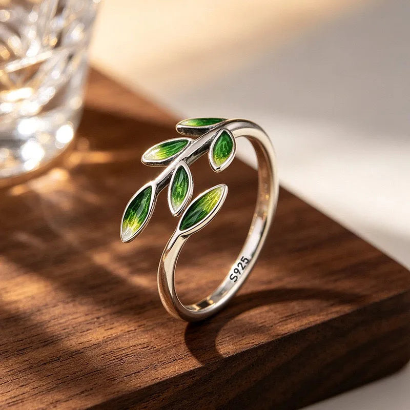 Green Leaf Open Ring - 925 Sterling Silver - product view | Veloria