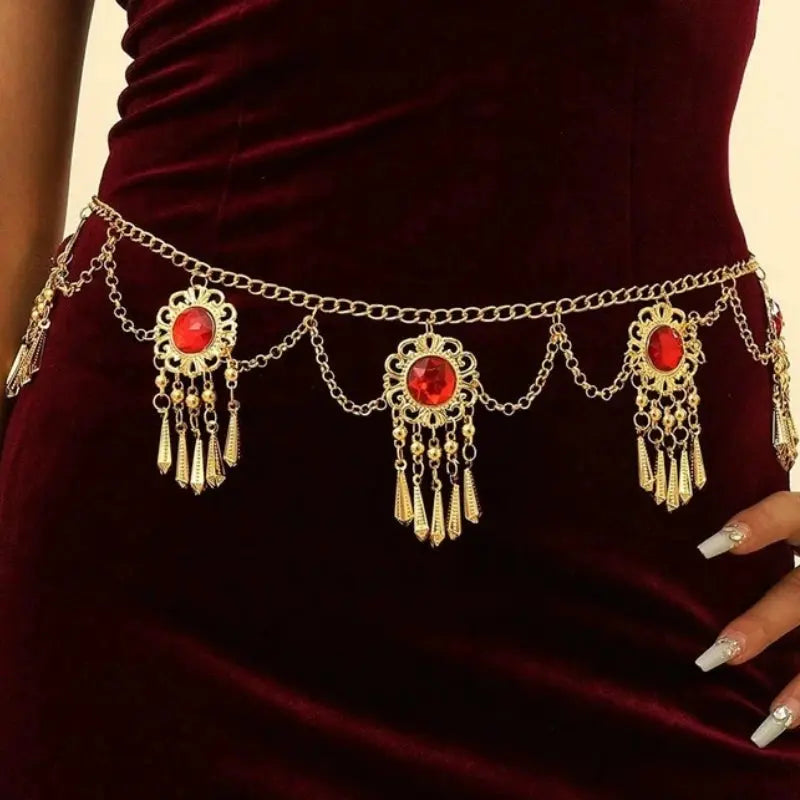 Red Pearl Waist Chain - belt chain flat lay | Veloria