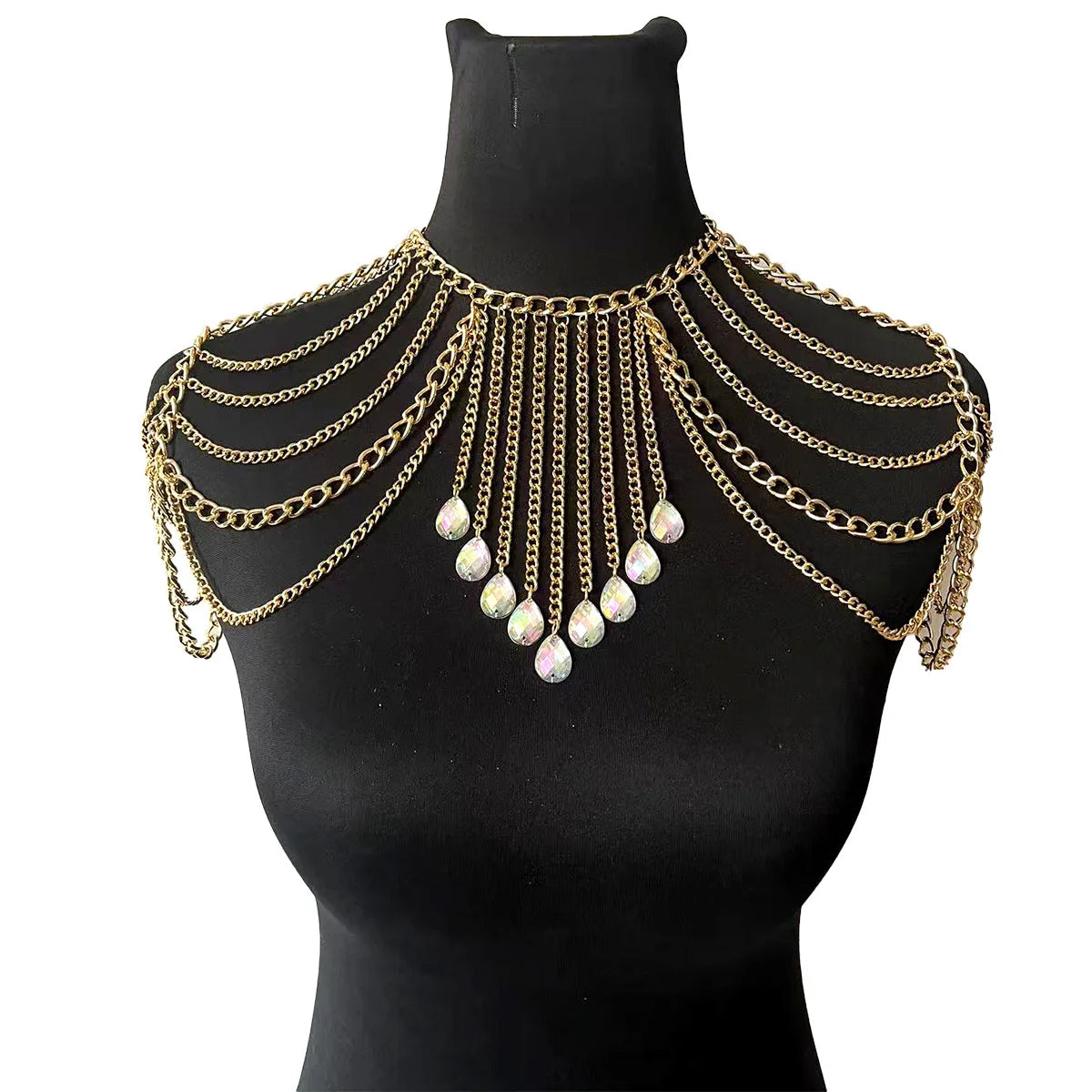 Metal shoulder body chain with tassel arm chain for women - side view on model | Veloria