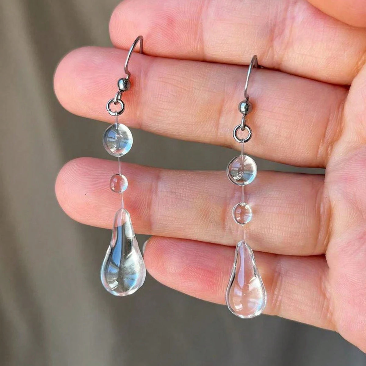 Dewdrop Tassel Earrings - clear long drop worn by model | Veloria