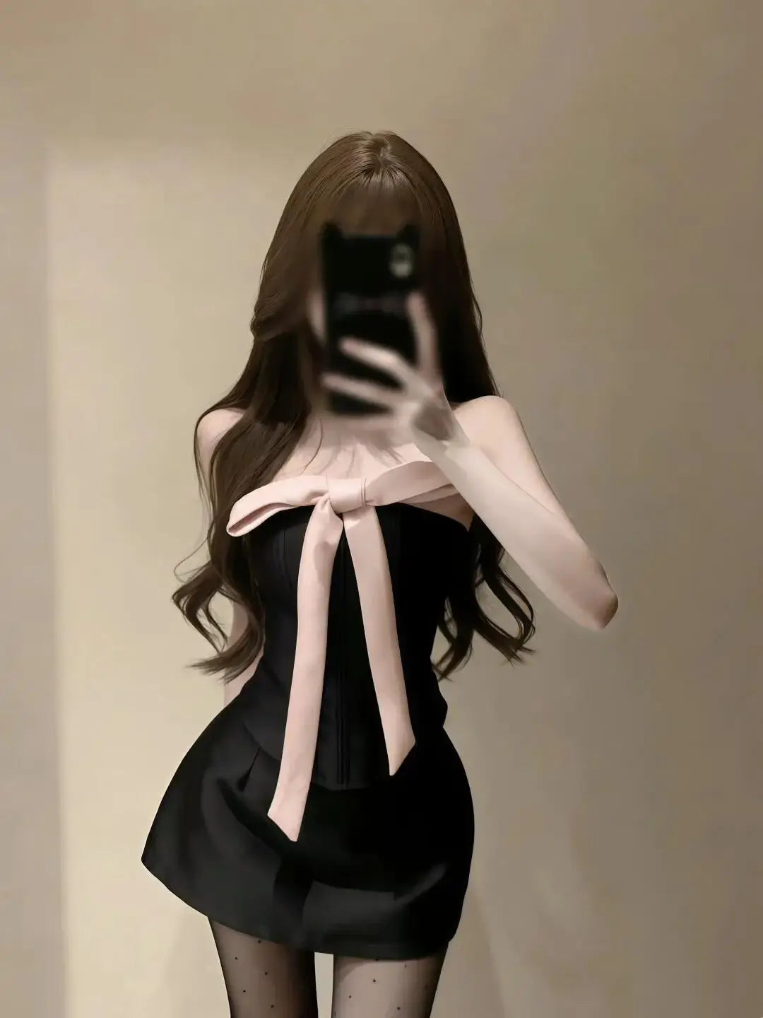 Bow Corset Top & Mini Skirt Set - Black Pink - worn styling | Veloria