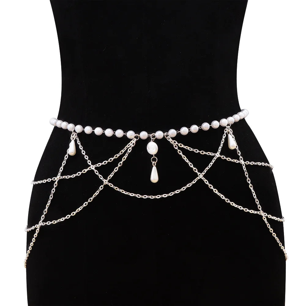 Vintage Pearl Tassel Chain Belt - gold chain detail | Veloria