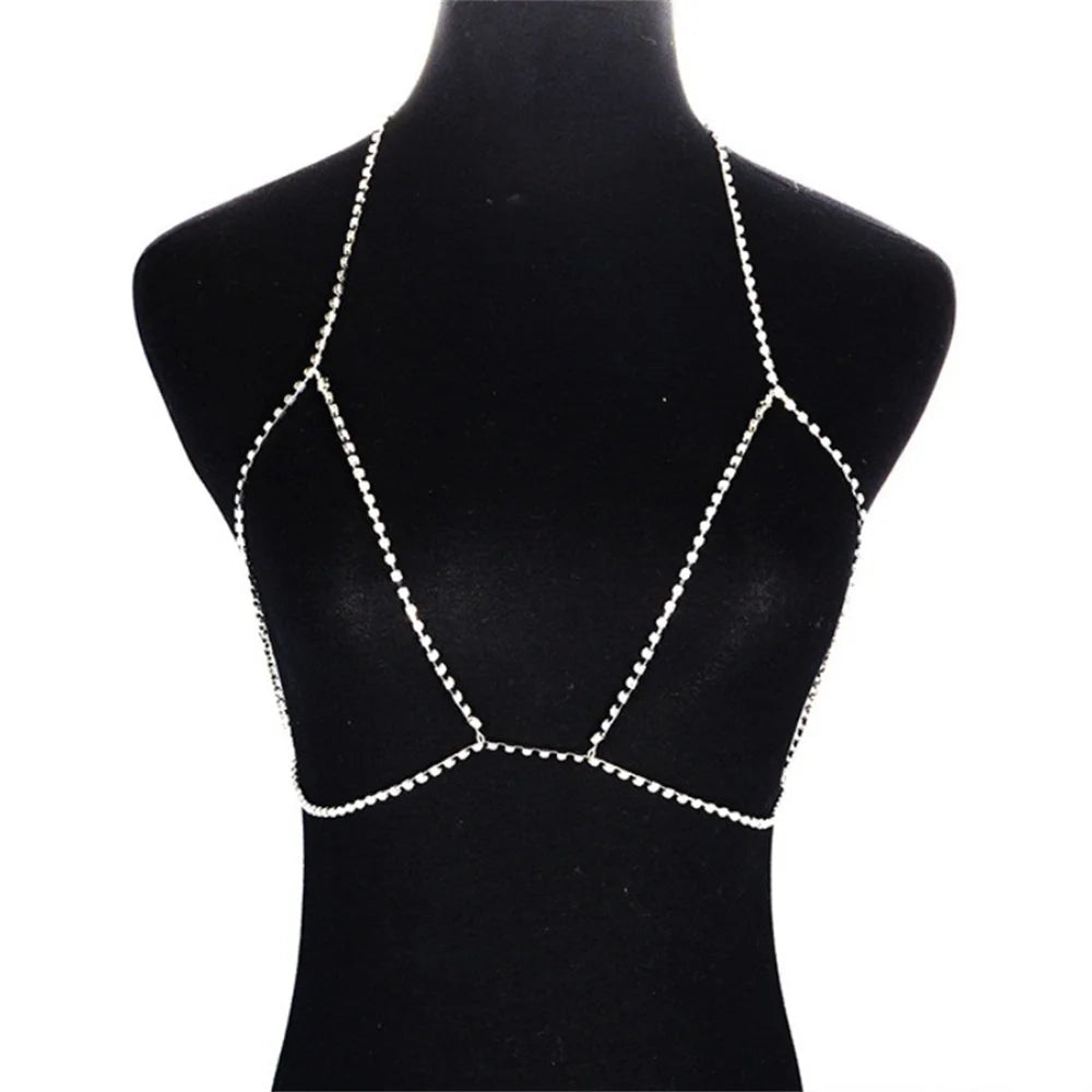 Rhinestone body chain belt with crystal pendant for women - side view on model | Veloria