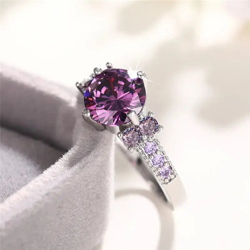 Purple CZ Ring - 925 Sterling Silver Bridal - close-up detail | Veloria