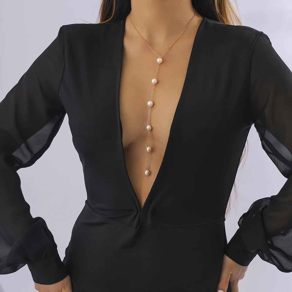 Long Pearl Drop Necklace - Y Chain - product view | Veloria