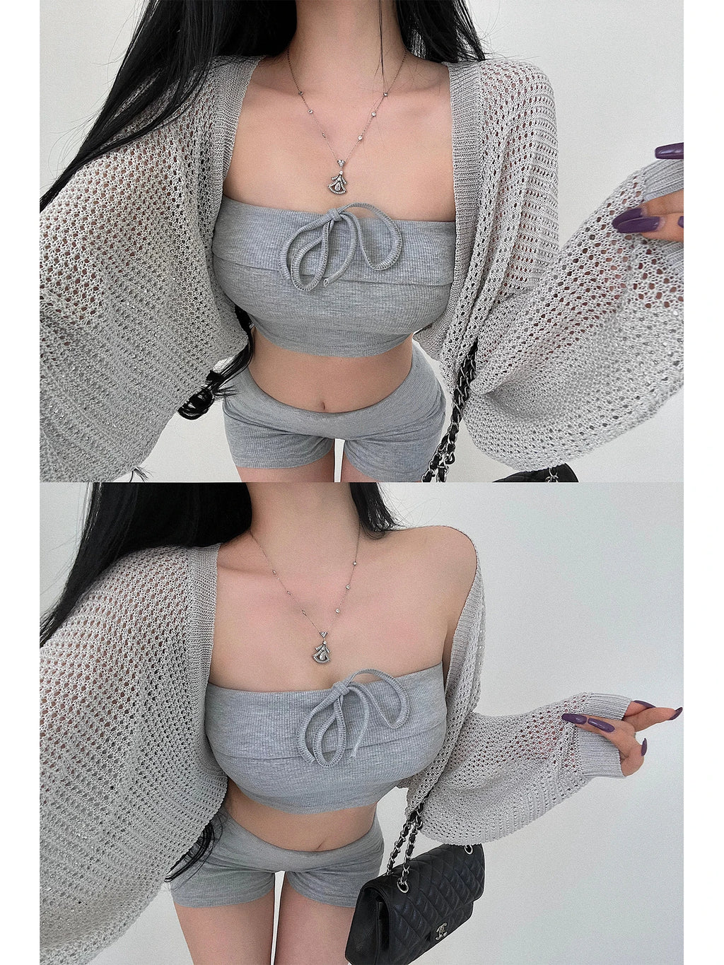 Crop Top & Fold Waist Shorts Set - Beige - detail view | Veloria