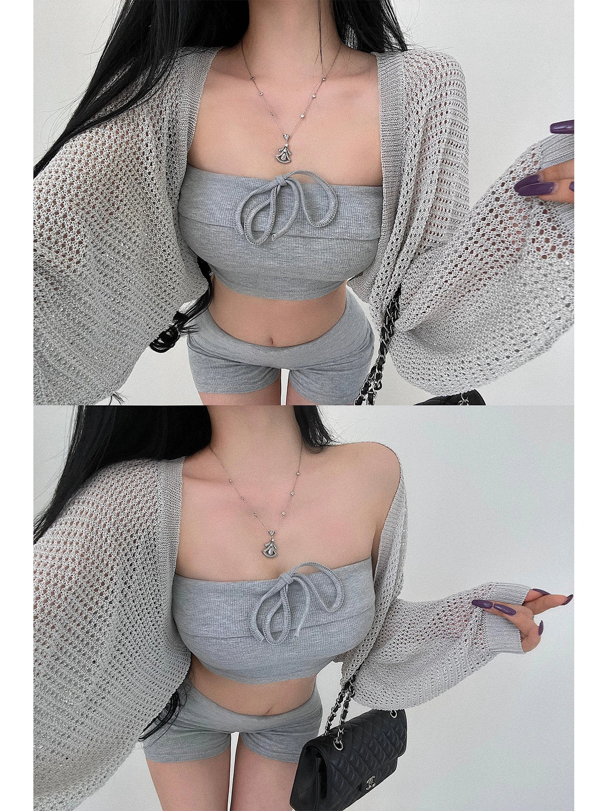 Crop Top & Fold Waist Shorts Set - Beige - detail view | Veloria