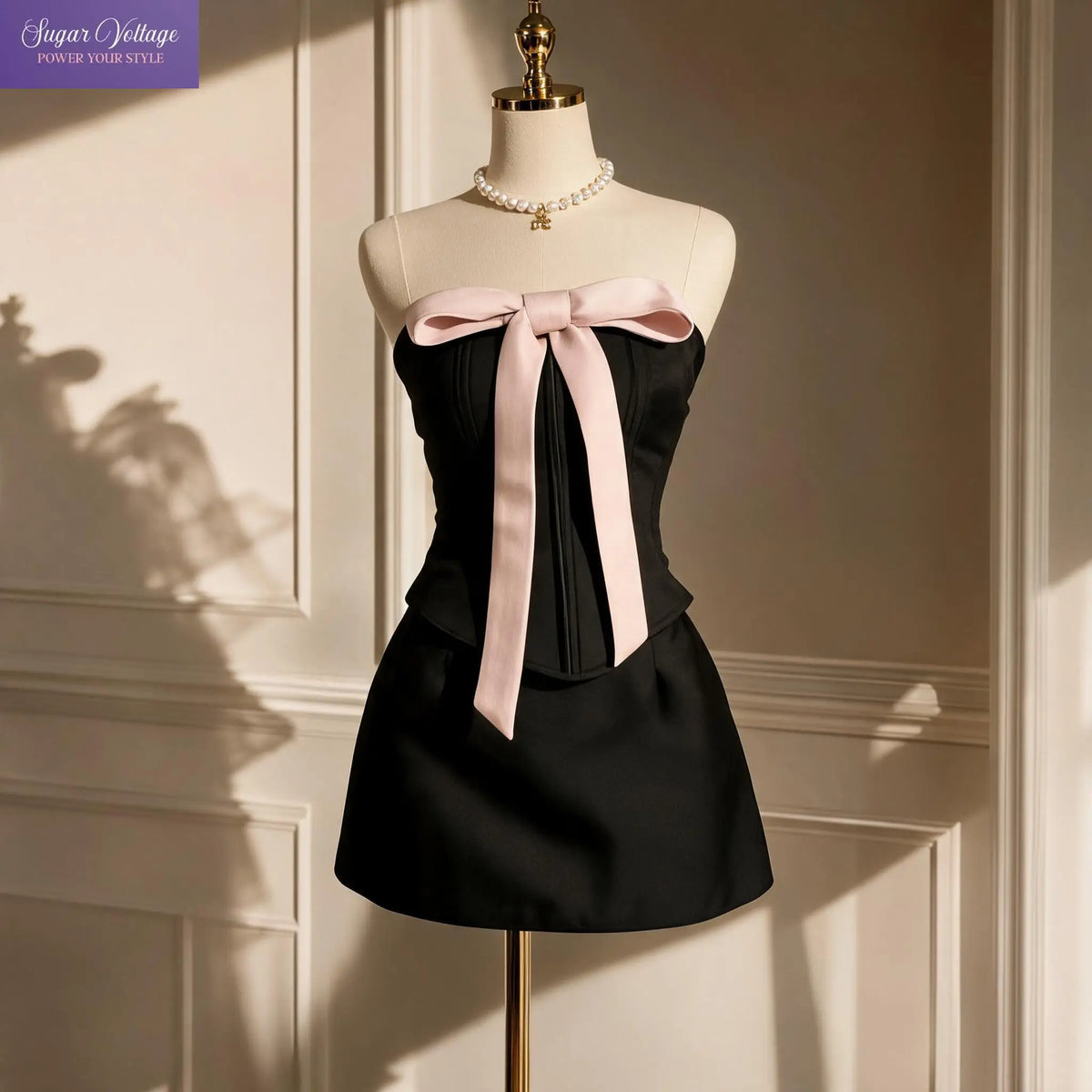 Bow Corset Top & Mini Skirt Set - Black Pink worn by model | Veloria