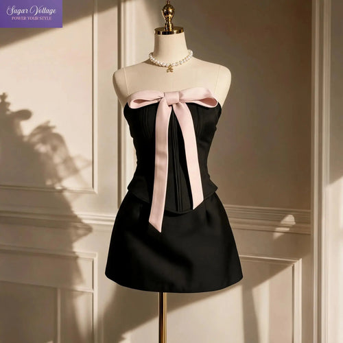 Bow Corset Top & Mini Skirt Set - Black Pink worn by model | Veloria