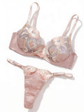 Pink Sheer Lace Bra Set - Floral - full set view | Veloria