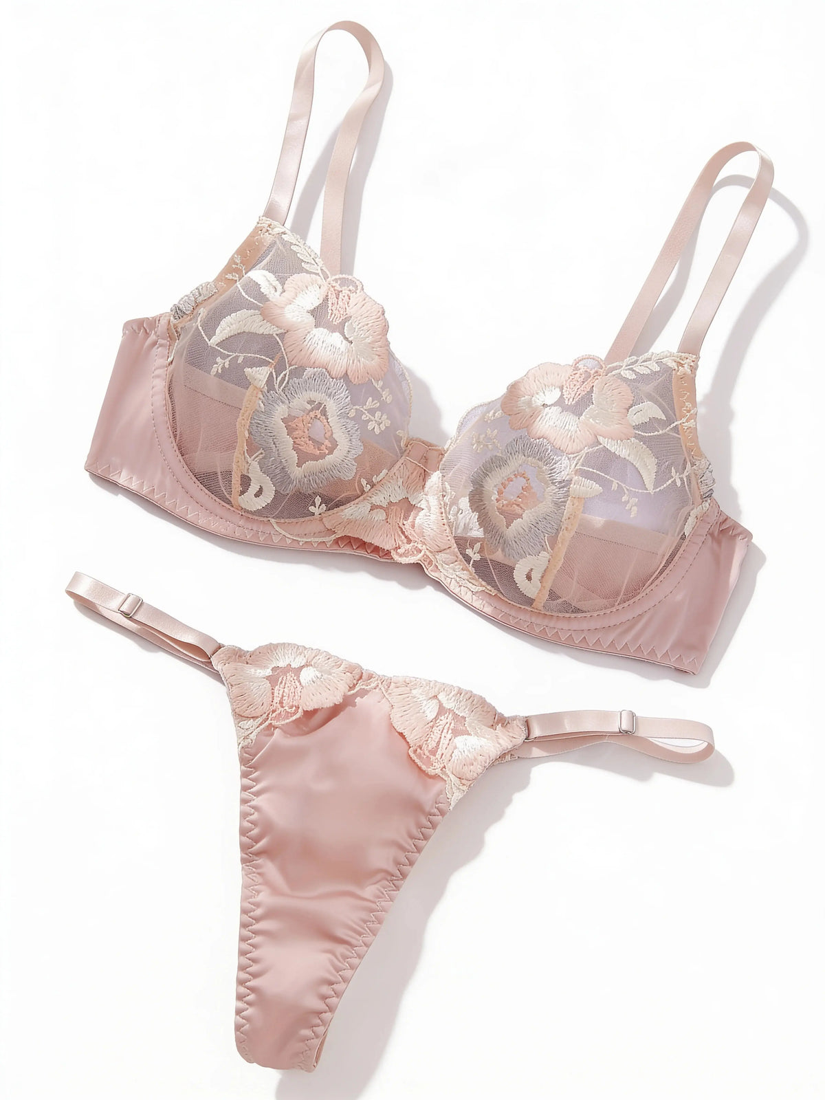 Pink Sheer Lace Bra Set - Floral - full set view | Veloria