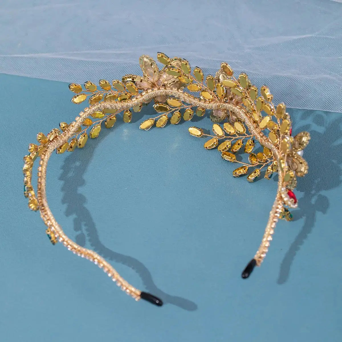 Crystal Pearl Headband Tiara - Gold Bridal Hairband - styled look 3 | Veloria