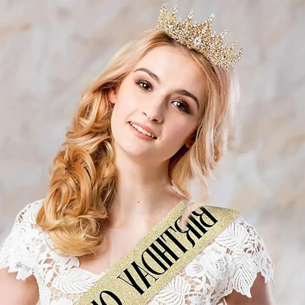 Gold Queen Crown and Sash Set worn styling | Veloria