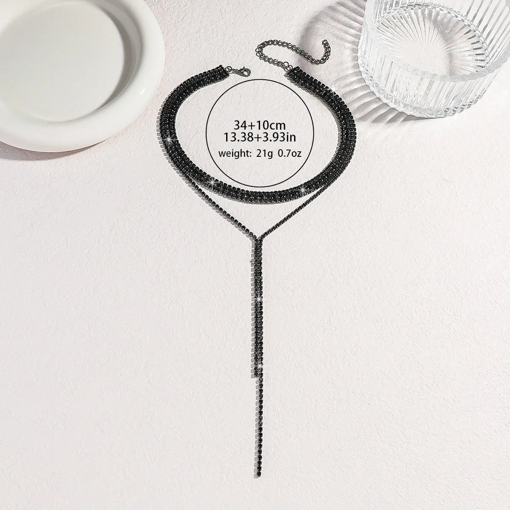 Black Rhinestone Tassel Choker Necklace - worn styling | Veloria
