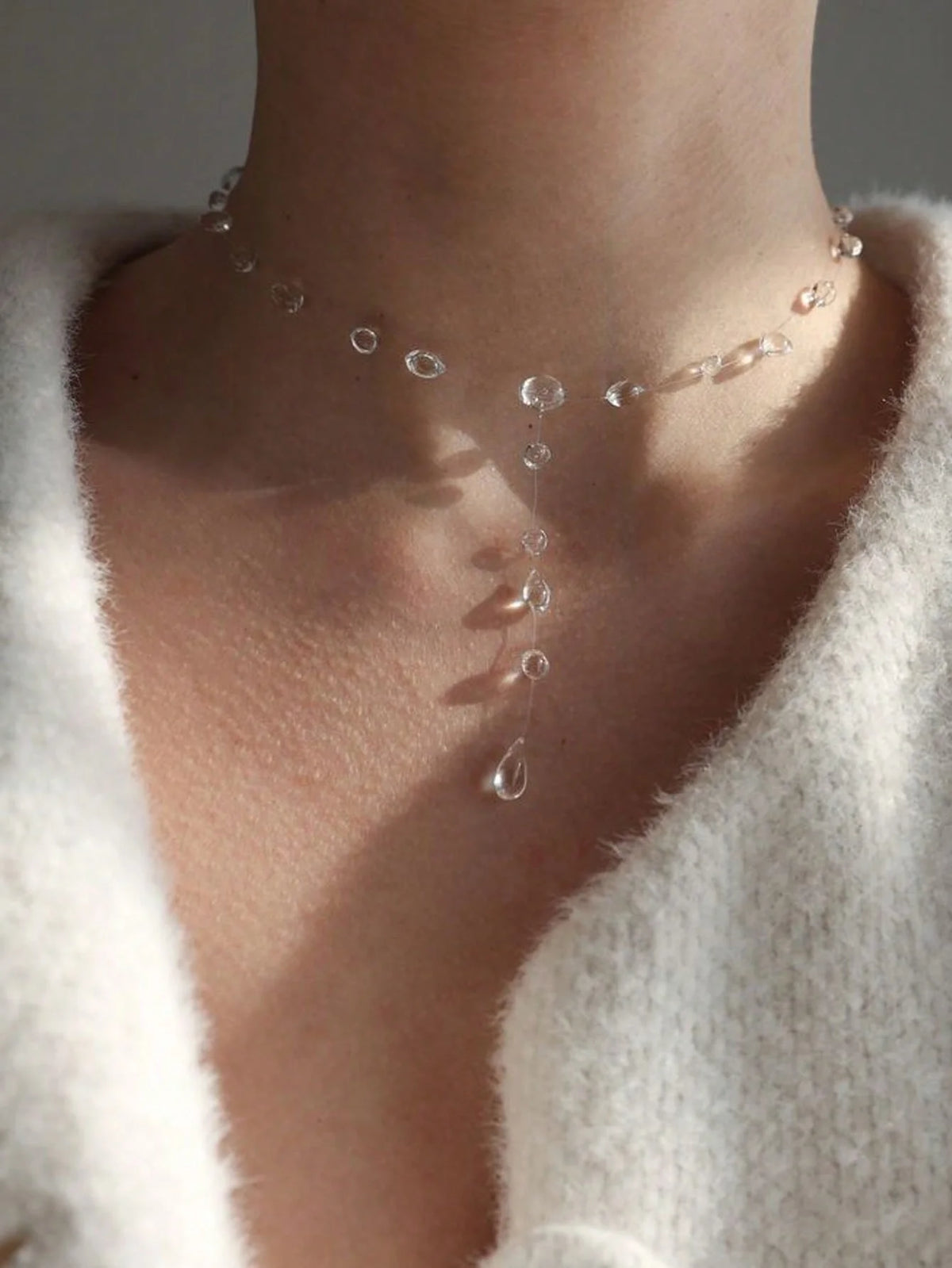 Clear Dewdrop Y Necklace - Invisible Chain worn by model | Veloria