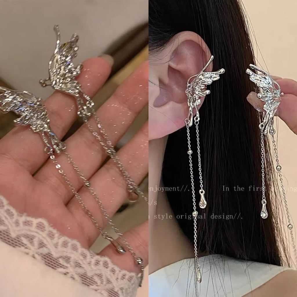 Butterfly Tassel Clip Earrings - elf ear earrings worn by model | Veloria