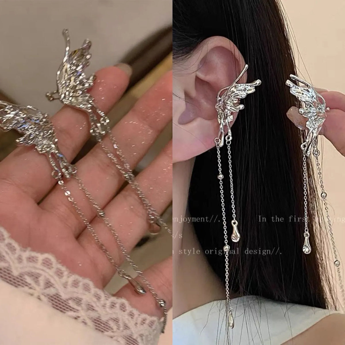 Butterfly Tassel Clip Earrings - elf ear earrings worn by model | Veloria