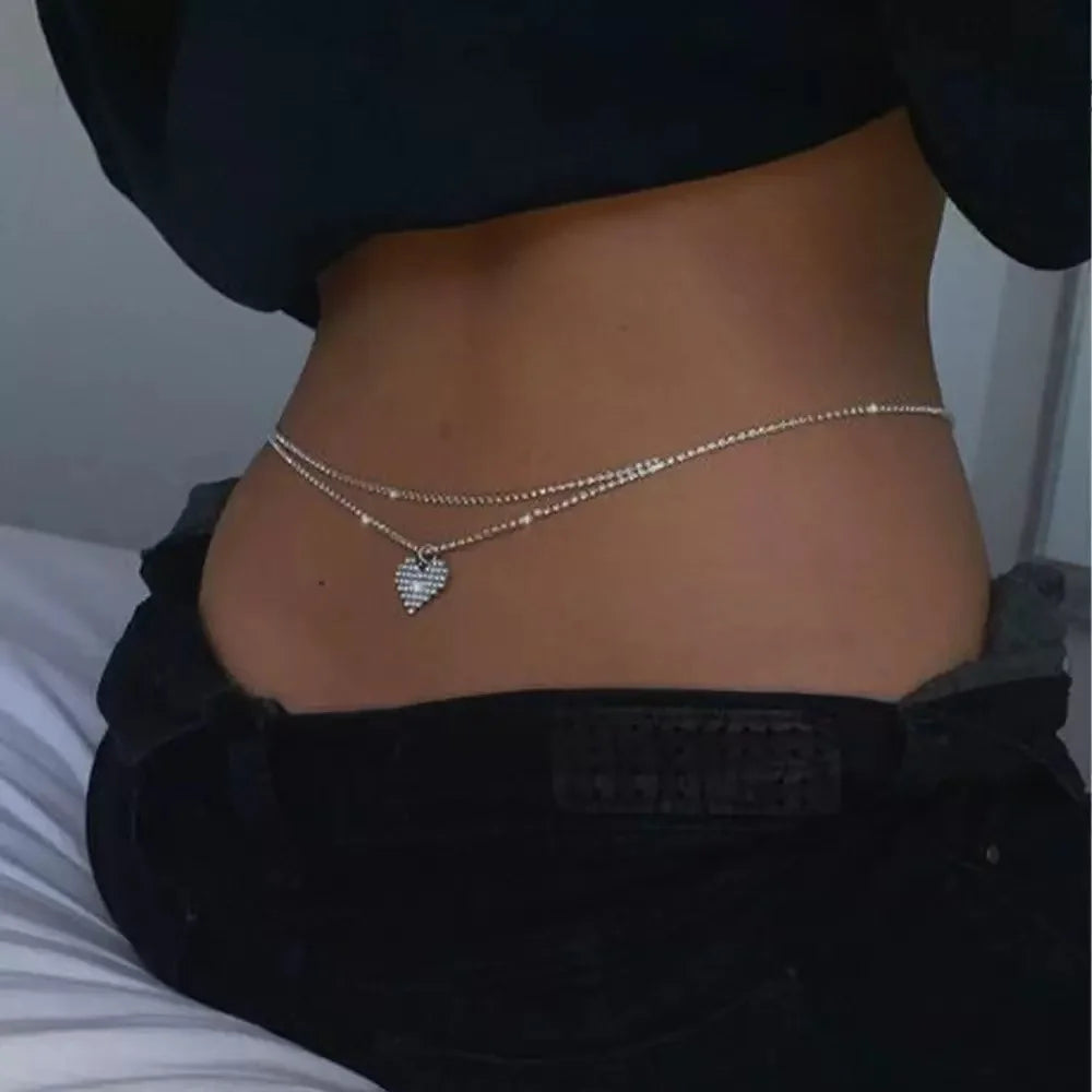Luxury rhinestone double chain water drop waist chain for women - full outfit view | Veloria