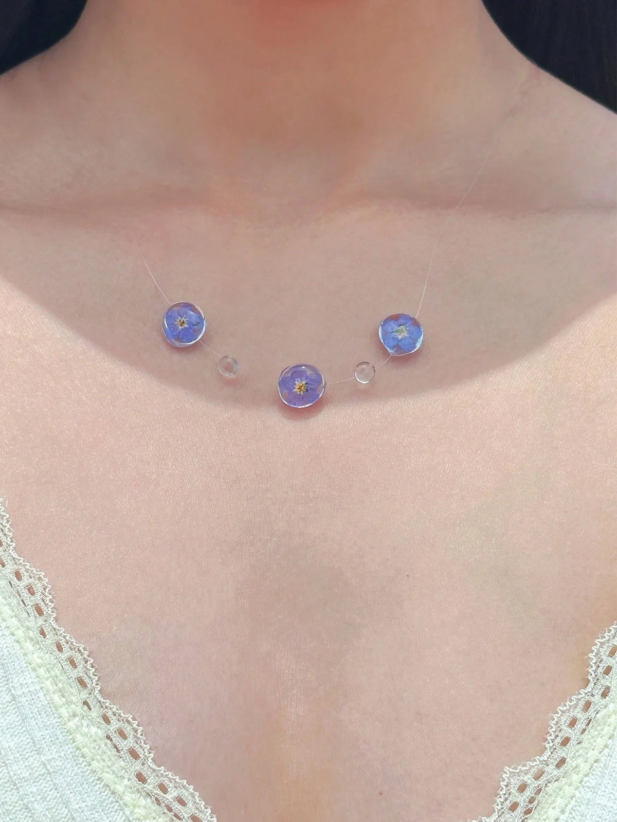 Clear Dewdrop Y Necklace - Invisible Chain - side view | Veloria