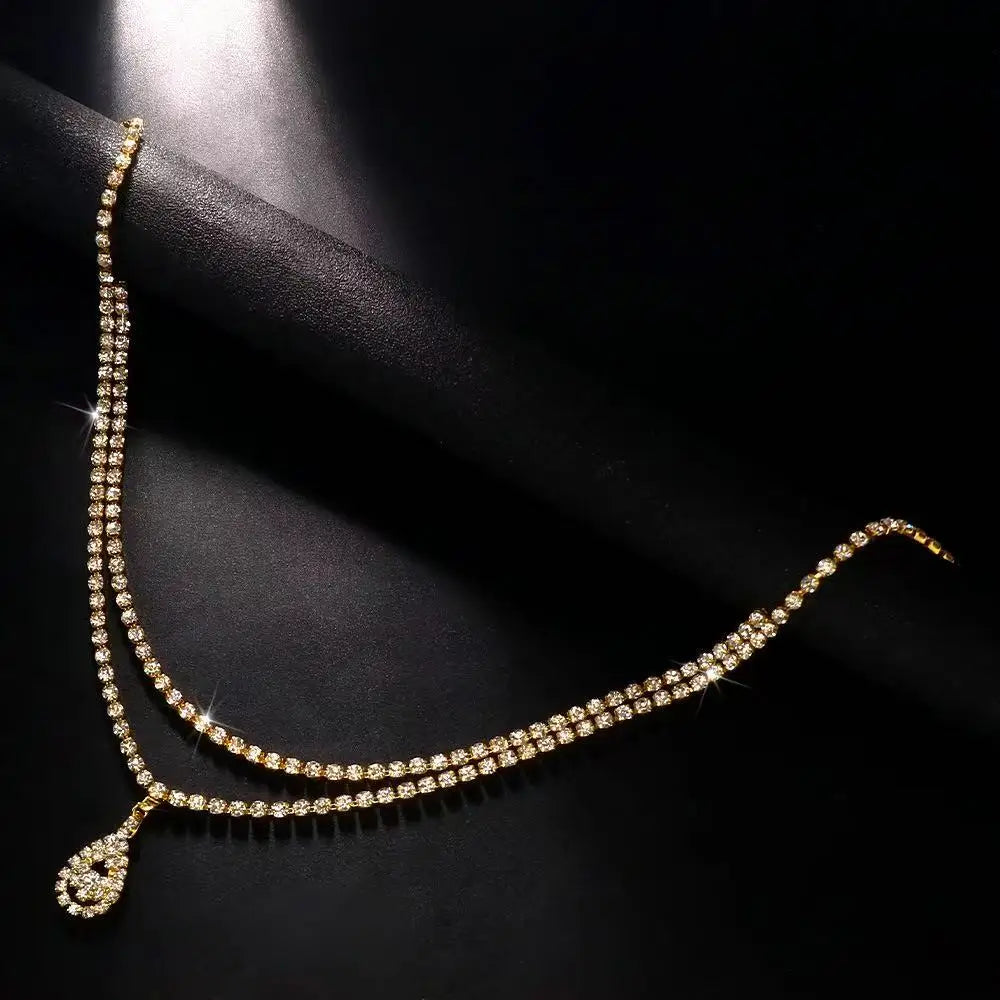 Luxury rhinestone double chain water drop waist chain for women - side view on model | Veloria