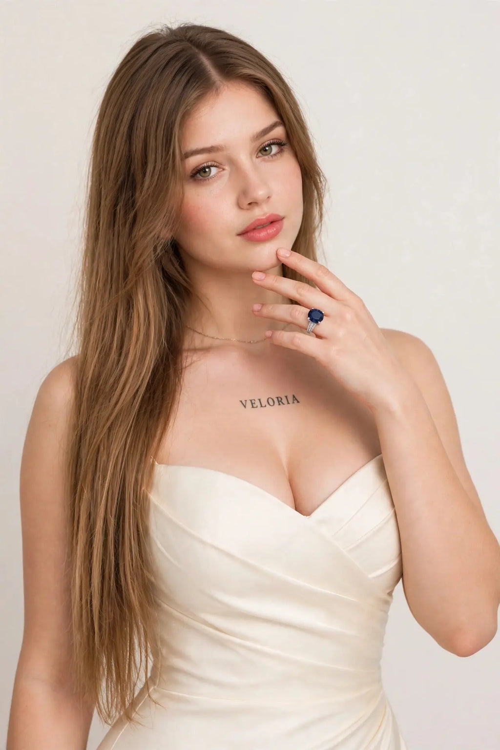 Round Cut CZ Statement Ring - Blue Crystal Cocktail Ring worn by model | Veloria