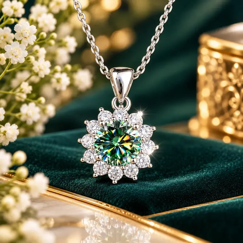 Blue-Green Moissanite Snowflake Necklace - pendant close-up on green velvet | Veloria