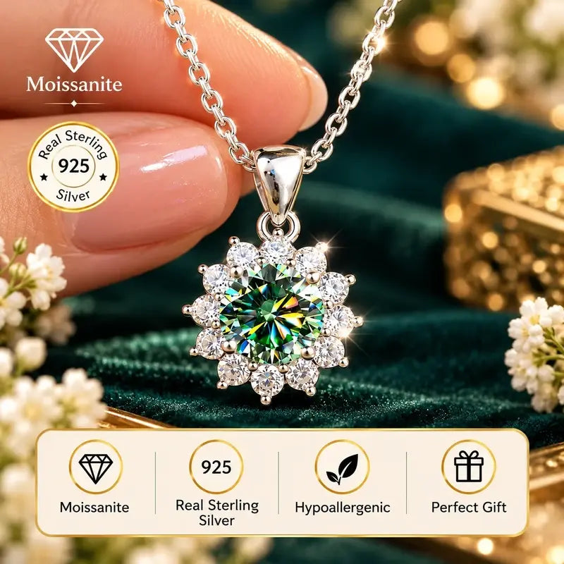 Blue-Green Moissanite Snowflake Necklace - held in hand, 925 sterling silver detail | Veloria