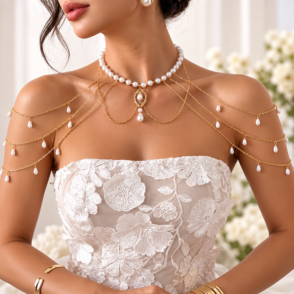 Bride wearing a gold pearl shoulder necklace with teardrop pearl drops over a white wedding dress