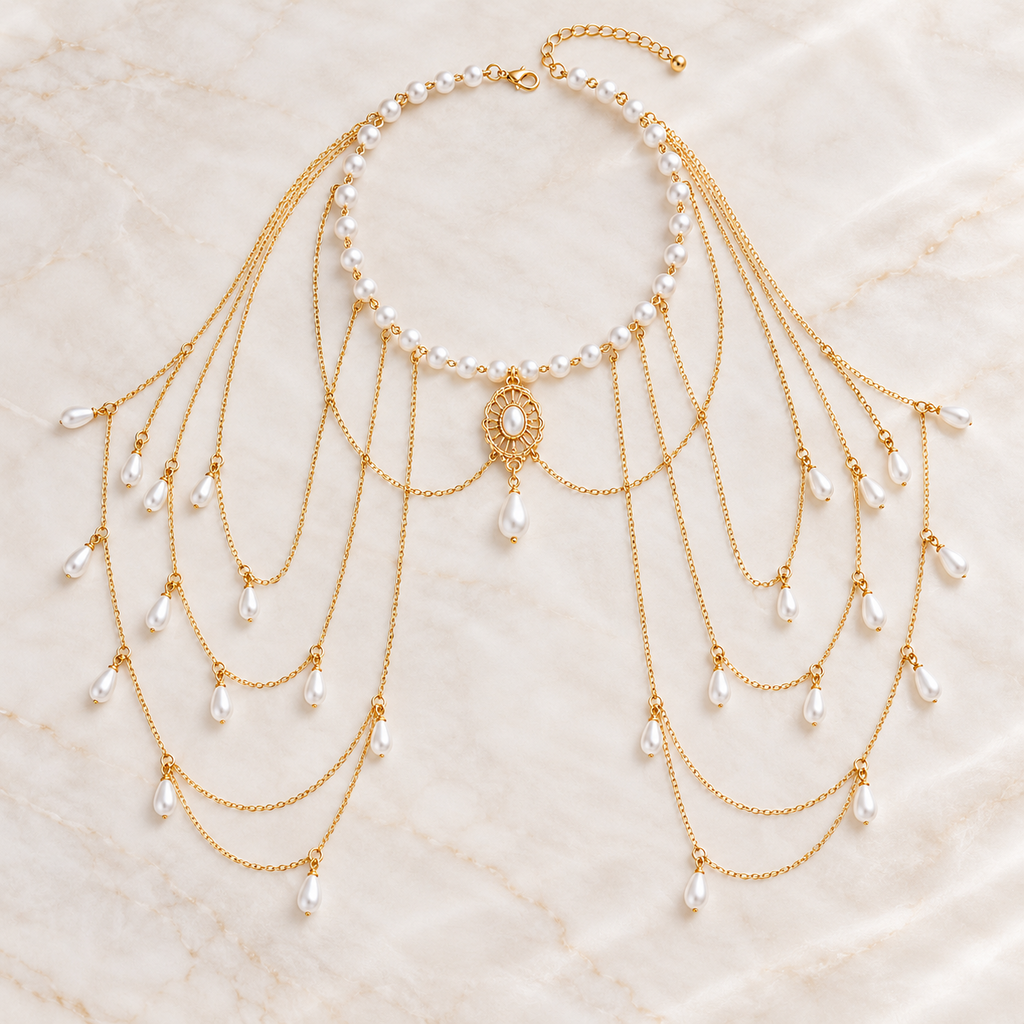 Pearl shoulder chain necklace styled with a black evening dress - bridal body jewelry