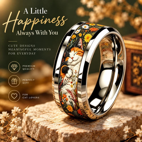 Cat ring with a sleeping calico cat design worn on the hand