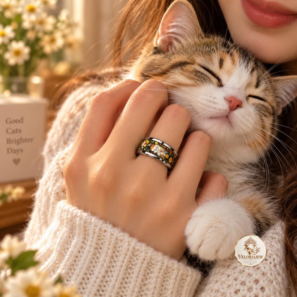 Nature-inspired cat ring with a calico cat among flowers