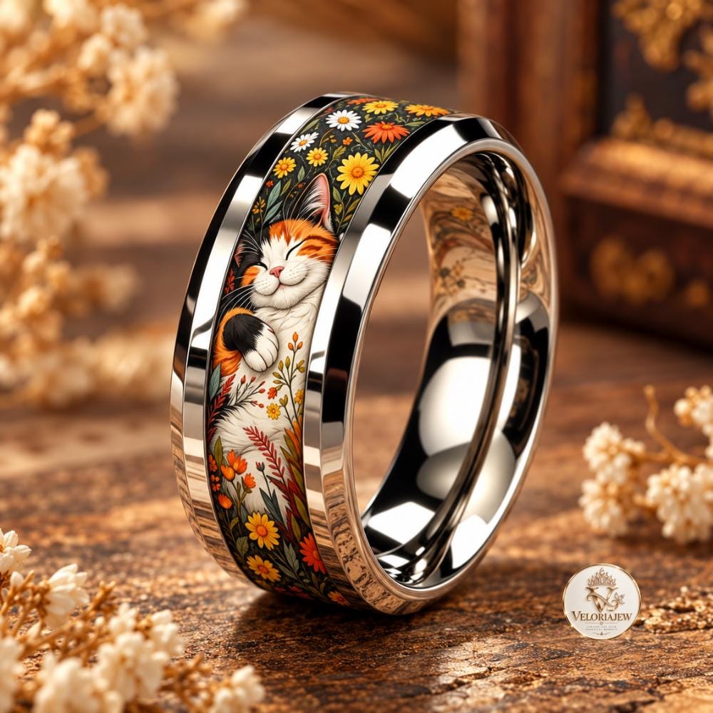 Sleeping cat floral ring on a tungsten carbide band, close-up detail