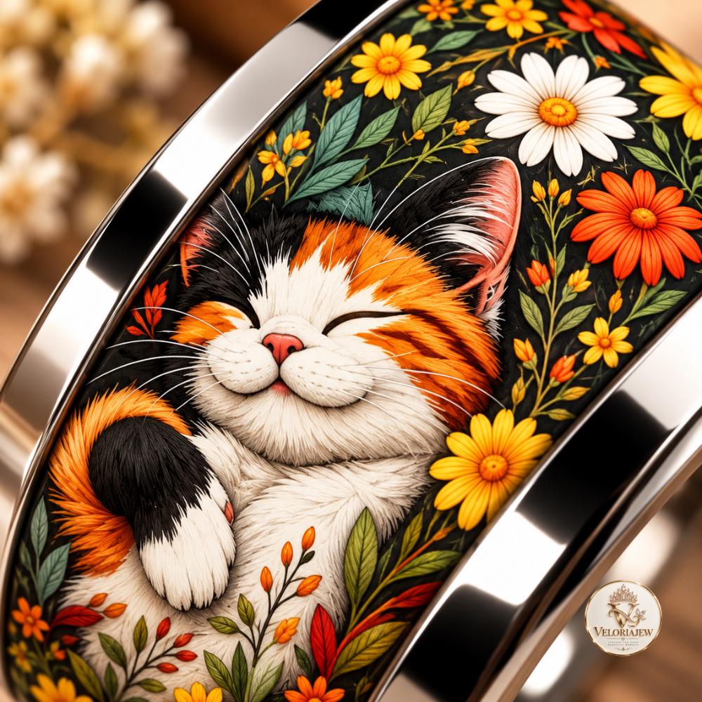 Cat ring shown at an angle with its detailed band artwork