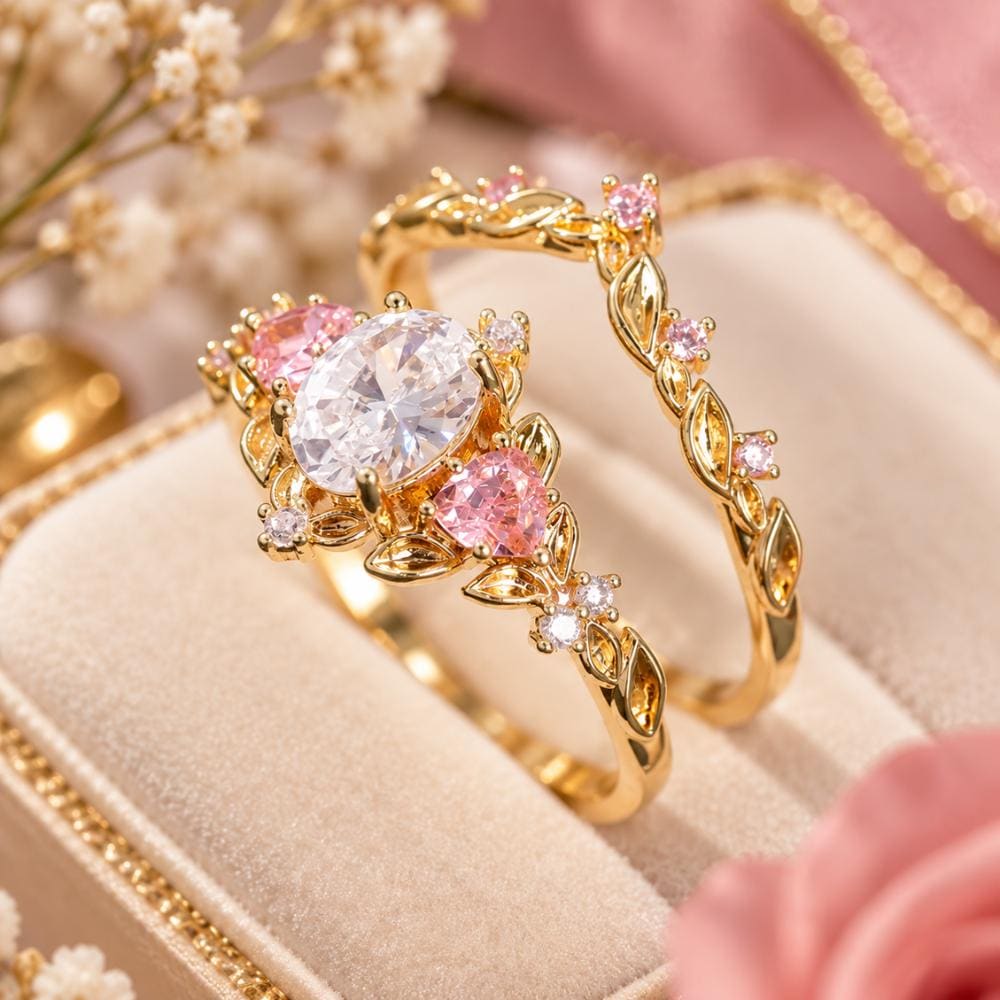 2-piece couples ring set with cubic zirconia, close-up detail