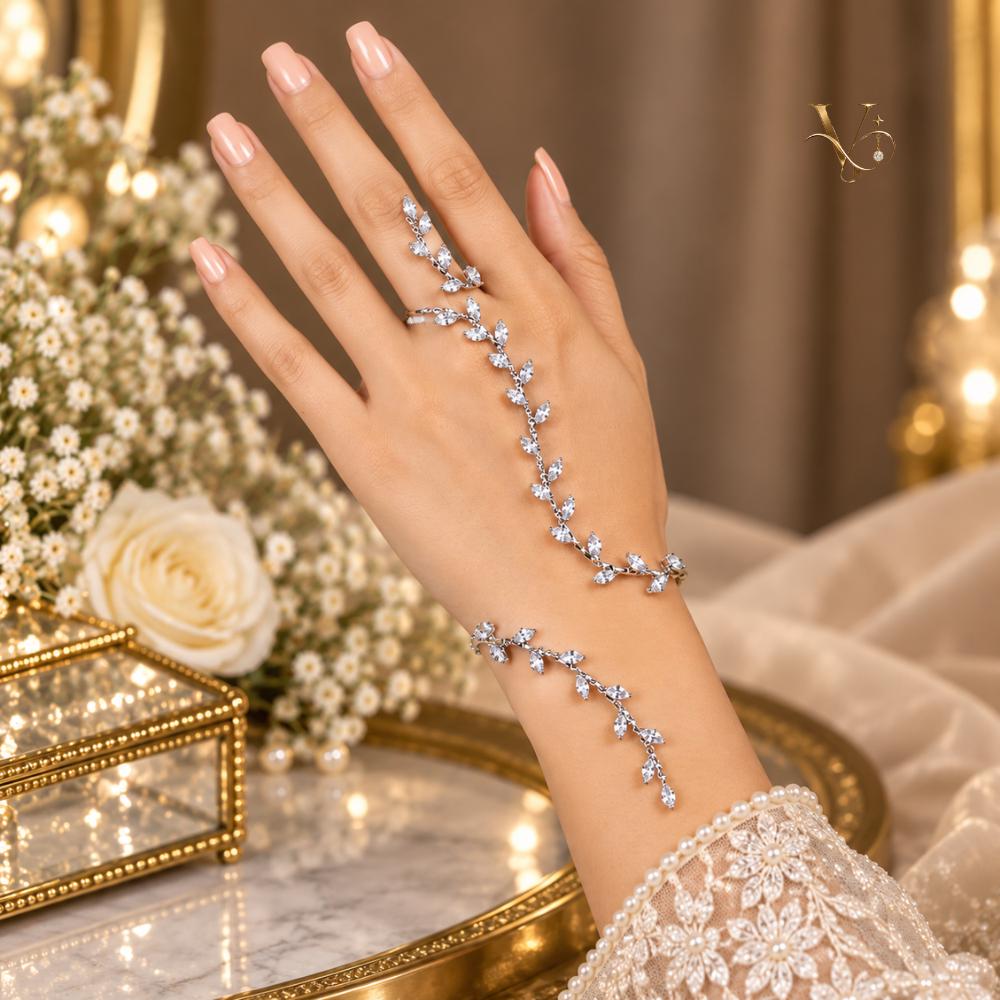Crystal leaf hand jewelry - a bridesmaid and wedding gift for her