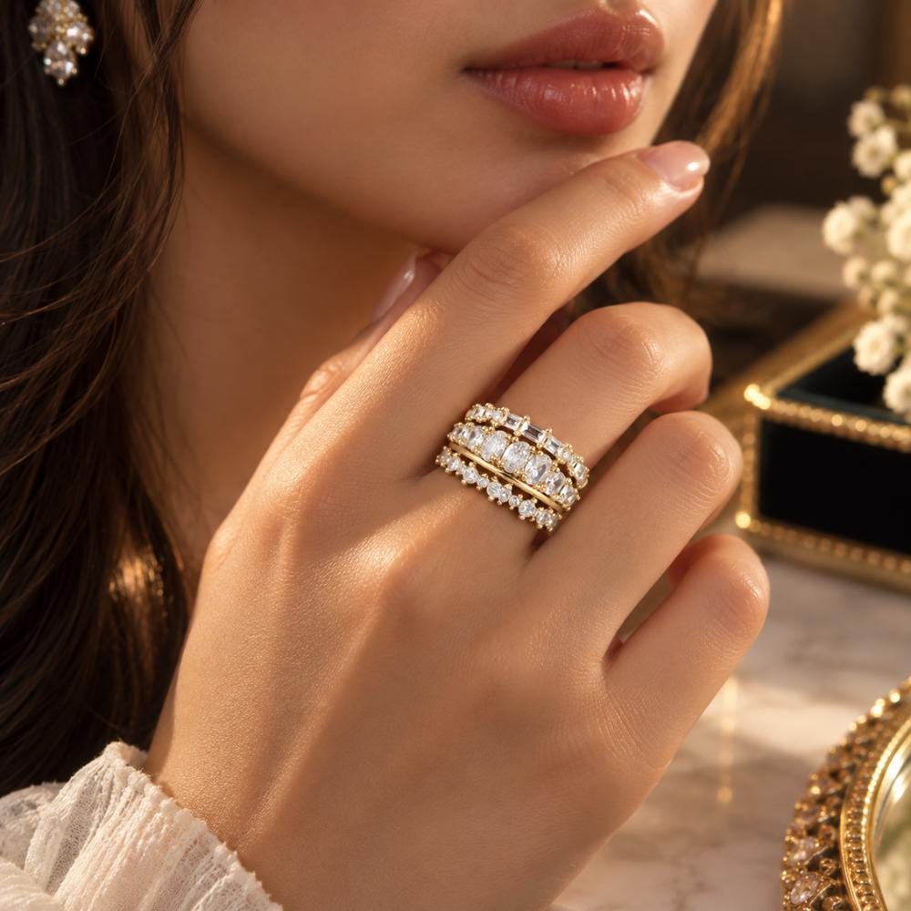 Eternity band ring shown at an angle with its full circle of stones