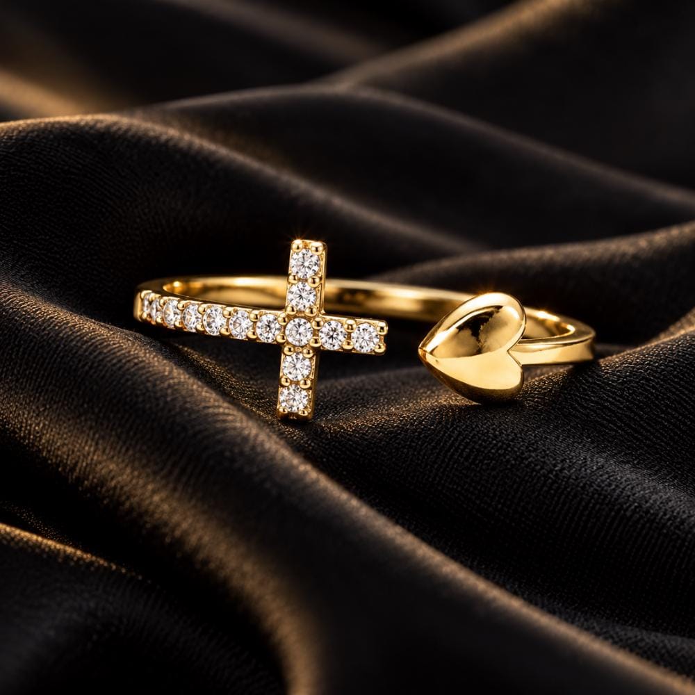 Cross heart ring in sterling silver worn on the hand