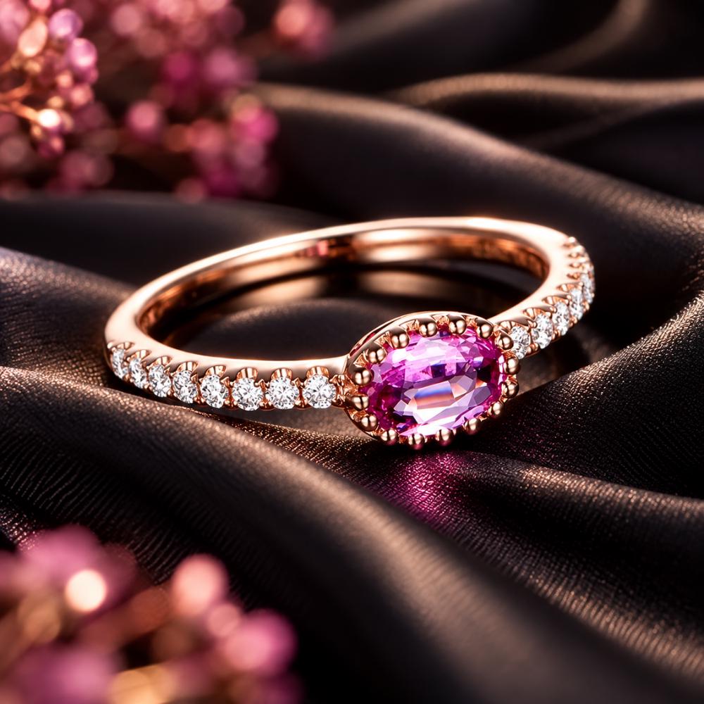 Floral ring in pink with sparkling cubic zirconia, close-up detail