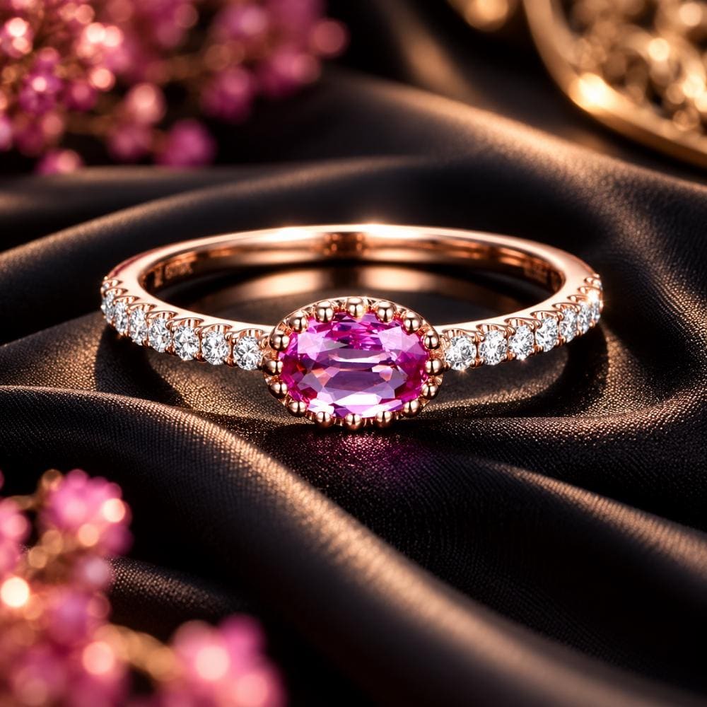 Pink flower ring with CZ petals worn on the hand