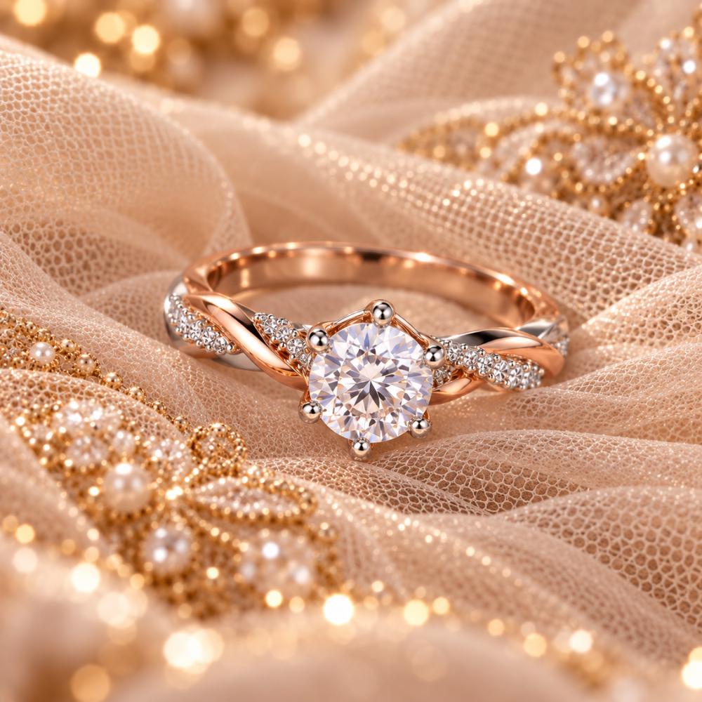 Moissanite engagement ring with a 1 CT round solitaire worn on the hand