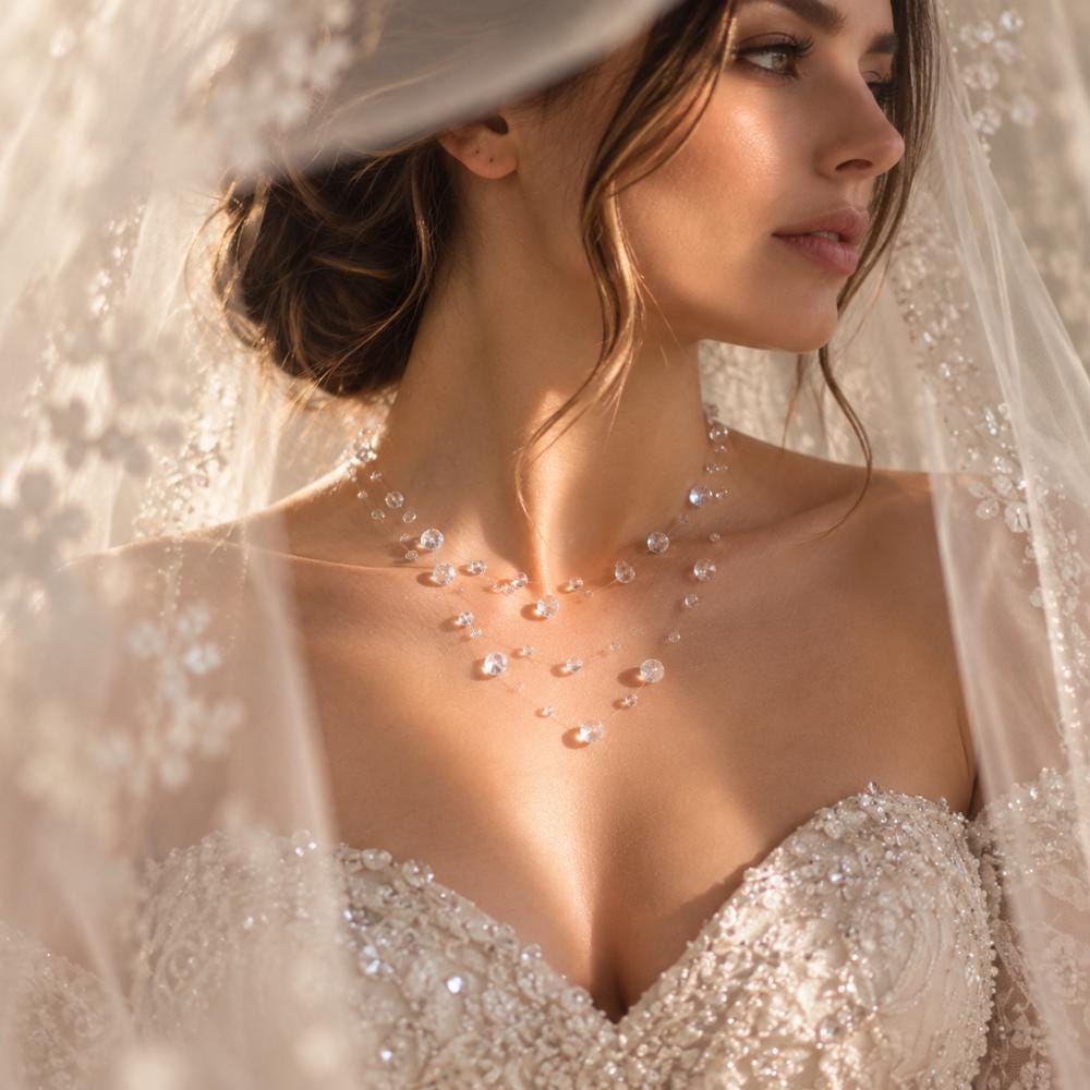 Floating water drop necklace shown at an angle on the chain