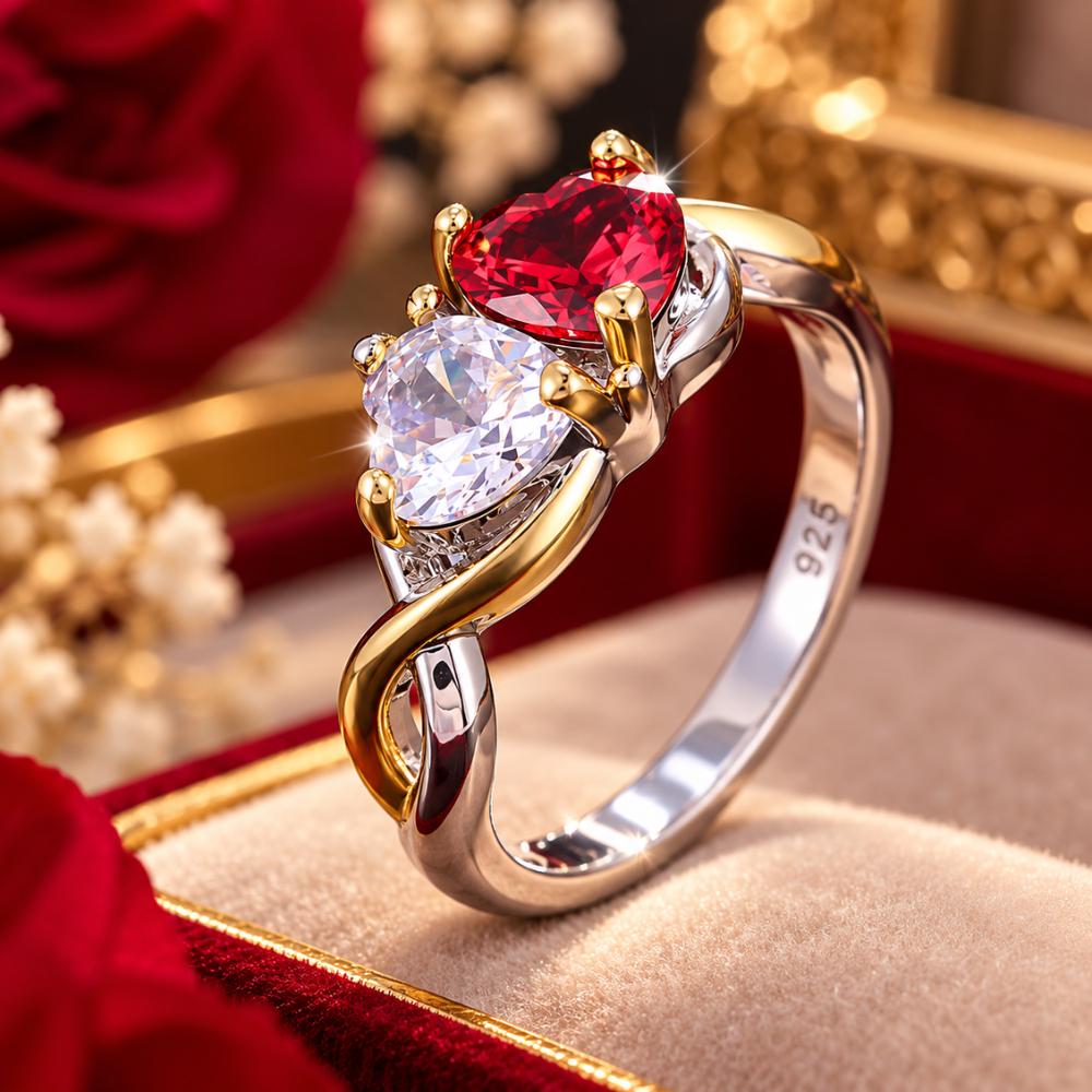 Sterling silver double heart ring, close-up of the two joined hearts