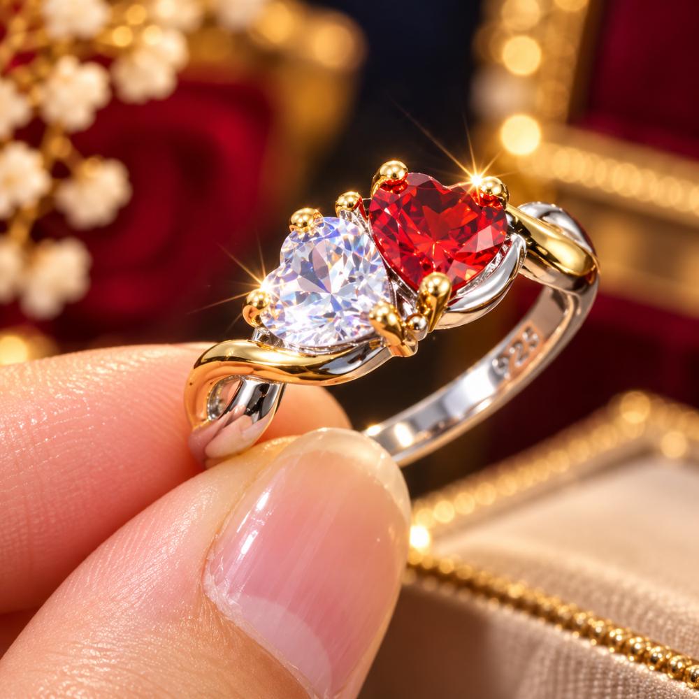 Double heart ring shown at an angle on its slim silver band