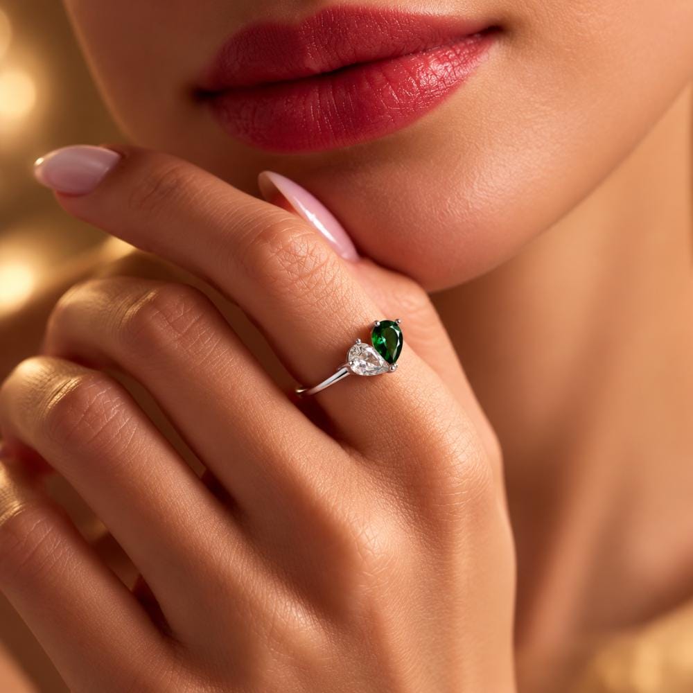 Custom family ring with two birthstones in a dainty stackable design