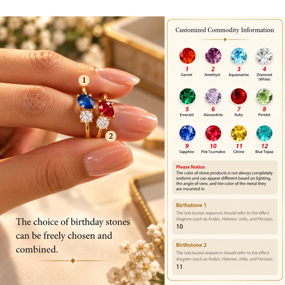 Personalized two birthstone ring shown at an angle with its slim band