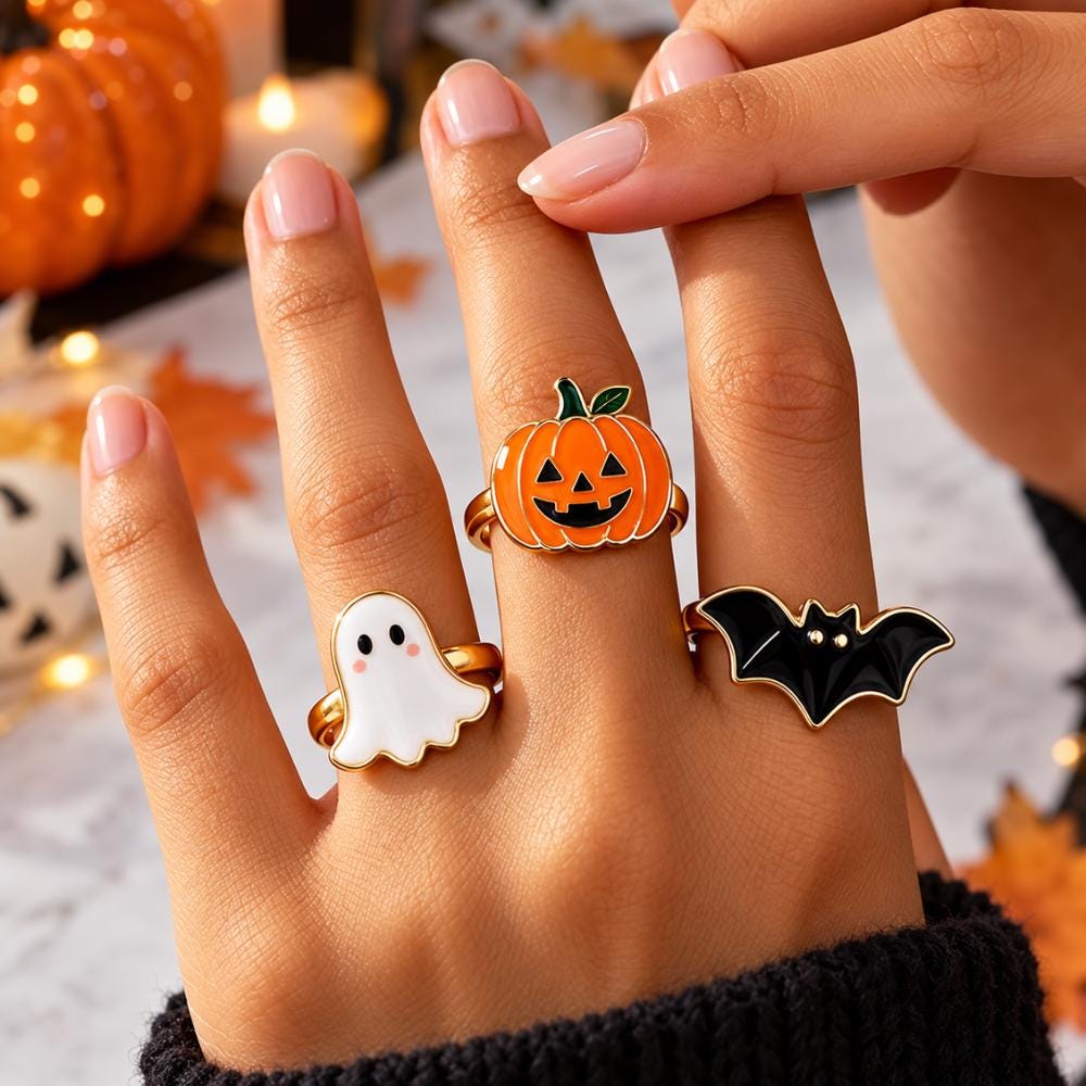 Halloween ring set of 3 gothic rings worn together as a stack