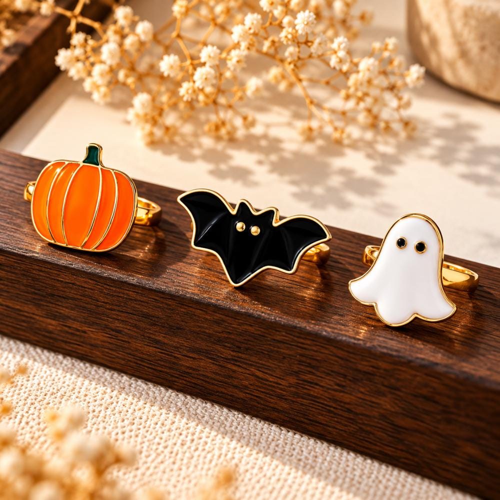 Halloween ring set shown on the hand - ghost, pumpkin and bat styles